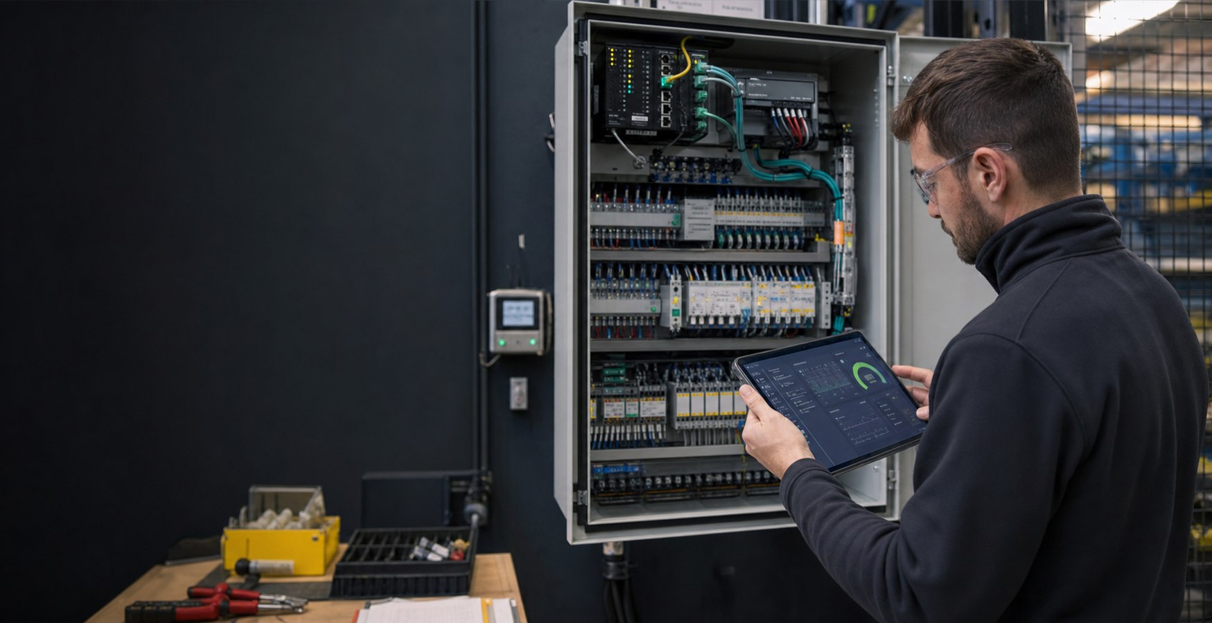 Technician monitoring a connected industrial automation panel with a tablet